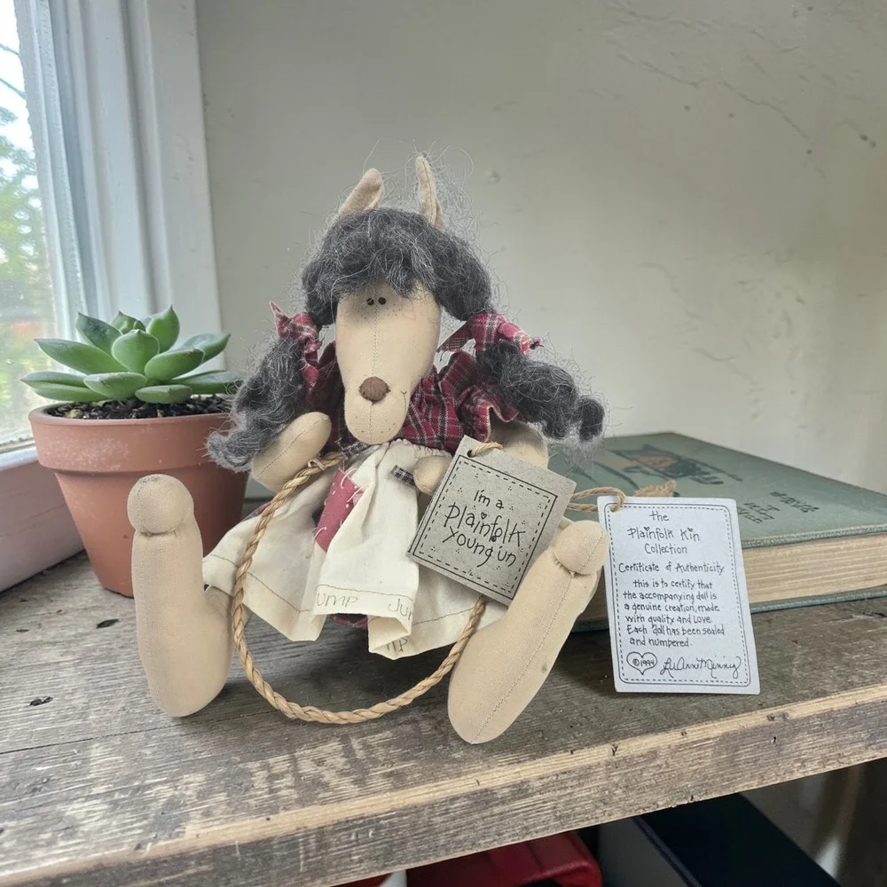Plainfolk Kin Collection 1994 Handmade Wolf Young Un Doll Cottagecore Decor NOS